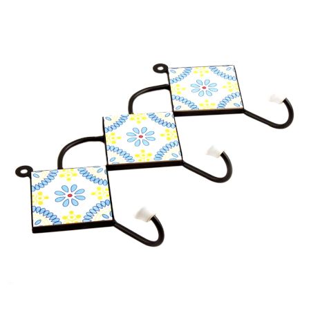 White Turquoise Yellow Floral Tiles Hook